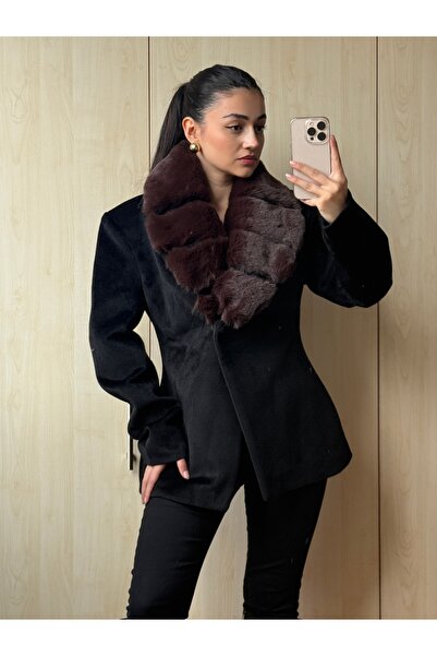 Berf Premium Cashmere Jacket with Brown Fur Detail on the Collar (Detachable)