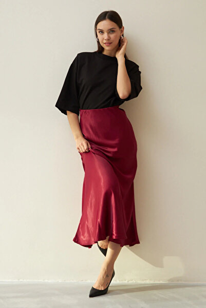 My Blog Fusta lungă din satin cu talie înaltă Vişne Kloş