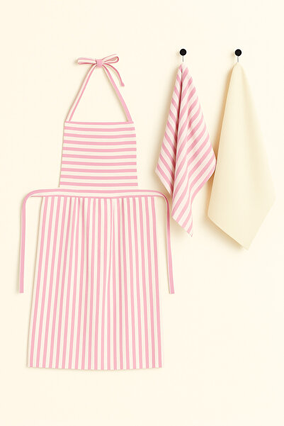 Mirilliahome Set of 3 Striped Linen Kitchen Apron and Tea Towel