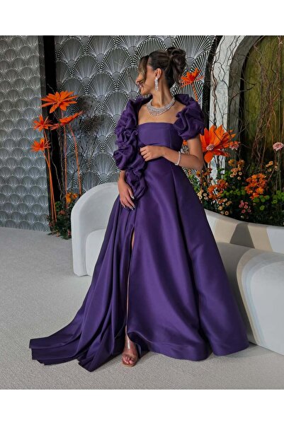 TOP BERLANTY فستان سهرة طويل بنفسجي بكشكشة جانبية وفتحة ساق