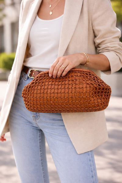 BY AKTEPE STORE El Yapımı Burslu Oval File Örgü Clutch Çanta – Parlak Metalik...