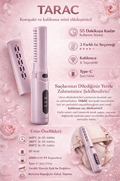 Polosmart مكواة الشعر اللاسلكية المصغرة ومشط الشعر (الجيل الجديد) 3 مراحل - في حقيبة