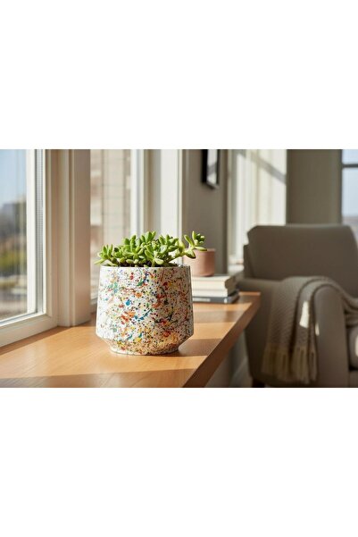 rilind Renk Sıçramalı El Yapımı Taş Tozu Saksı – Orta Boy (Dekoratif Beton Sa...