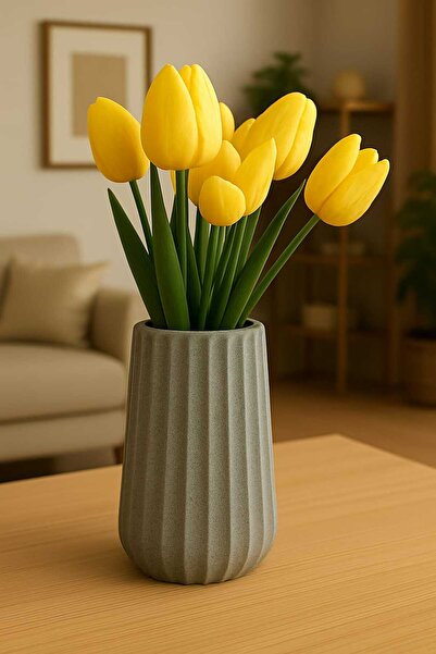 Karra Art El Yapımı Beton Dekoratif Vazo – Modern Silindir Form Çizgili Model