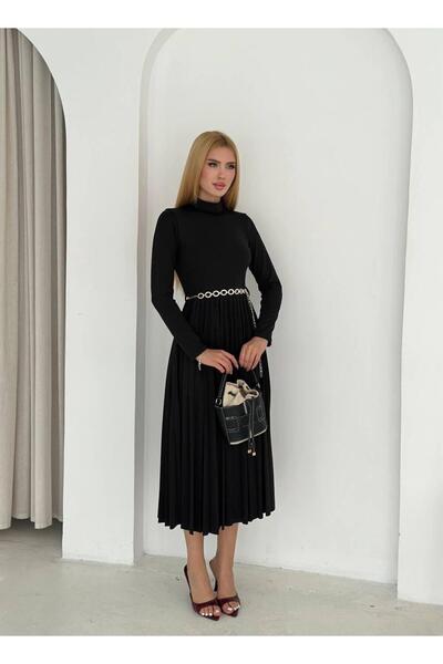 KİKİ LİFE Kadın Boğazlı Piliseli Midi Elbise