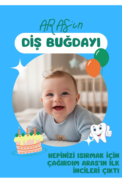 emrestore Kişiye Özel Fotoğraflı Diş Buğdayı Afişi Bebek Diş Partisi Panosu P...