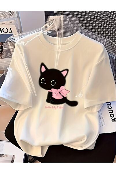 LELVANİ Χαριτωμένο μπλουζάκι με στάμπα μαύρης γάτας και ροζ κορδέλας