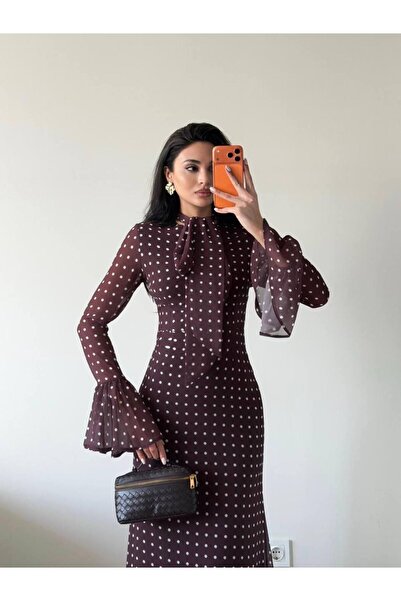 Miss Beyoğlu Kadın kahverengi Puantiyeli Şifon Şal Detaylı Uzun Kollu Maxi El...