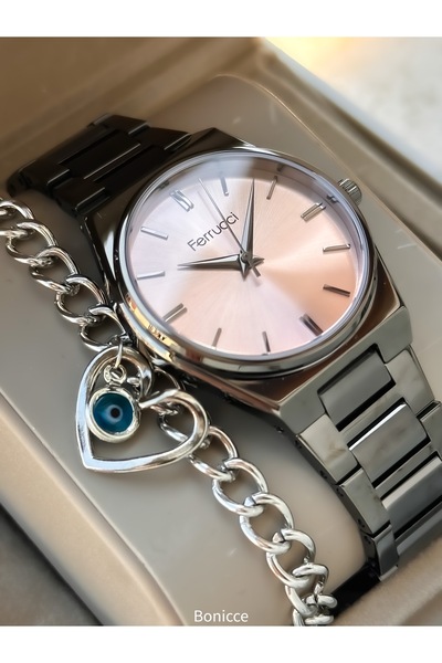 Ferrucci Hediyelik Kutuda Siyah Renk Çelik Kordon, Şeftali Renk Kadran, Kadın Kol Saati Bileklik Hediyeli