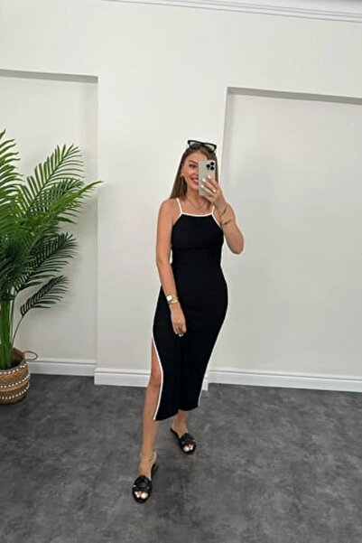 My Blog Black Special Series Ottoman Fabric Ribbed Rope Strap Maxi Dress