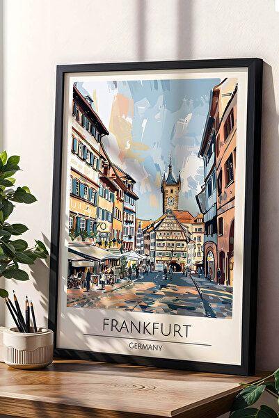 e2nova Almanya Frankfurt Temalı Çerçeveli Tablo Travel Serisi Modern İllüstra...