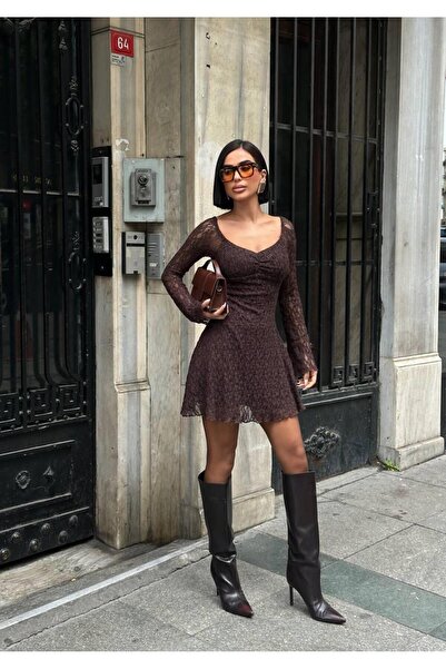 Eley WOman Kadın Kahverengi Dantelli V Yaka Uzun Kollu Mini Elbise