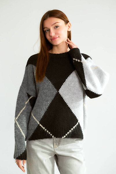 Robin T95109 Baklava Desen Oversize Kadın Triko Kazak Siyah-Gri
