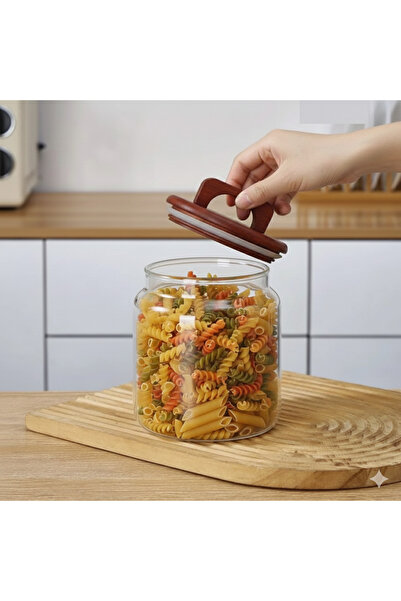 İthal 1 Piece Acacia Vacuum Lid Glass Jar Spice Jar Sugar Bowl Turkish Delight Bowl 18X11.5 cm