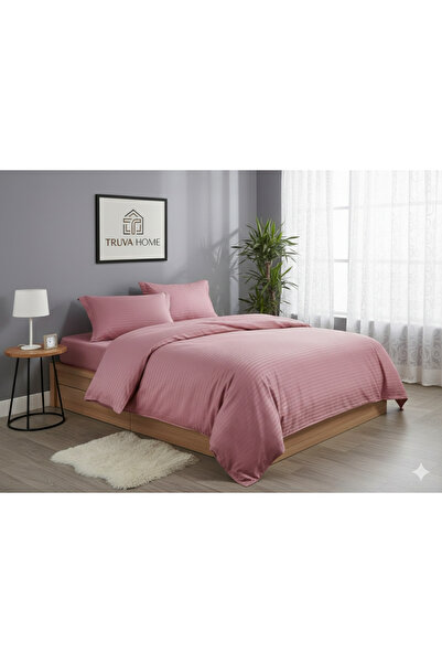 Truva Grup Double Bed Linen with Elastic - Premium Damask 6 Pieces, 180X200 cm, Satin Stripe Pattern