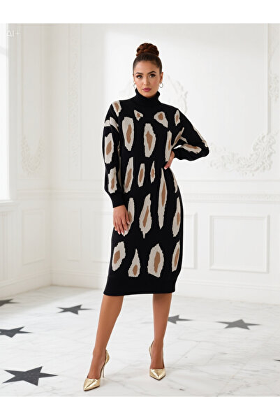 Avelisse Leopar Desenli Balıkçı Yaka Triko Elbise