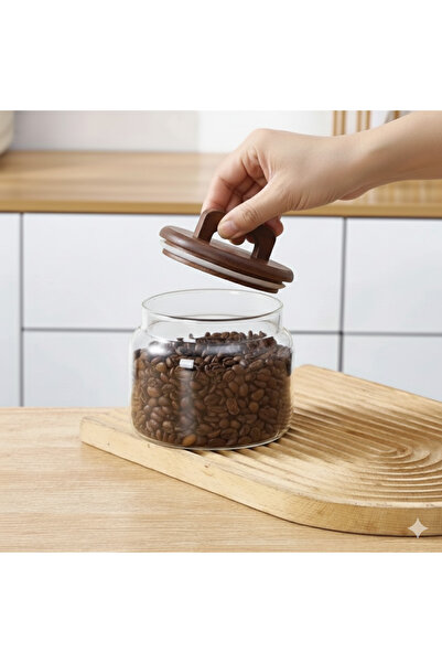 İthal 1 Piece Acacia Vacuum Sealed Glass Jar Spice Container Sugar Bowl Turkish Delight Bowl 13X11.5 cm