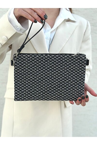PİNK PEARL Kadın Siyah Renk Gümüş Baklava Desen El Askılı Portföy Çanta