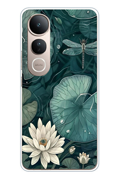 TechTree حافظة سيليكون متوافقة مع هاتف Vivo V50 Lite على شكل زهرة اللوتس واليراعات مطبوع