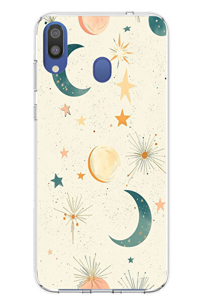 TechTree حافظة سيليكون متوافقة مع هاتف سامسونج جالاكسي M20 ذات خلفية كريمية وقمر ونجمة مطبوع