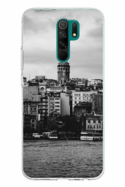 TechTree حافظة سيليكون متوافقة مع هاتف Redmi 9 مع مناظر برج غالاتا والبحر مطبوع