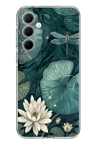 TechTree حافظة سيليكون متوافقة مع هاتف سامسونج جالاكسي A35 باللون الأخضر على شكل زهرة اللوتس واليافوت مطبوع