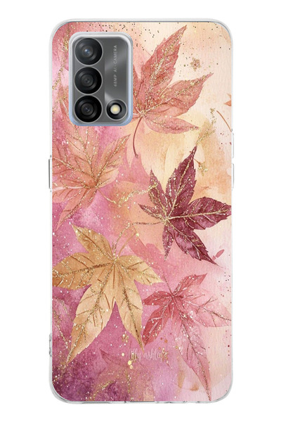 TechTree Oppo A74 Compatible Pink and Burgundy Tone Leaf Printed Silicone Case