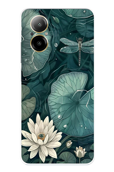 TechTree حافظة سيليكون متوافقة مع هاتف Realme 12 Lite على شكل زهرة اللوتس والنيرسون الأخضر مطبوع