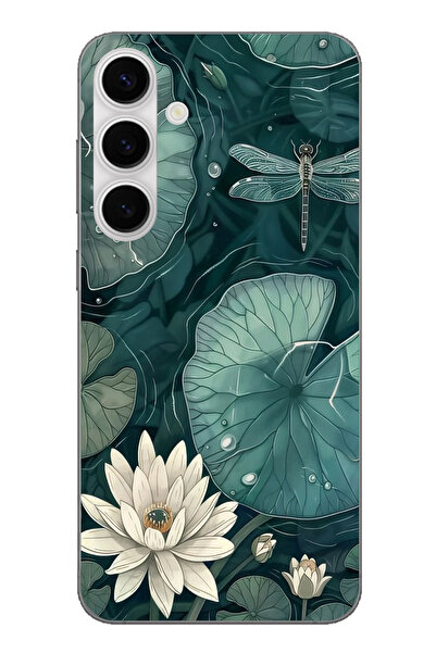 TechTree حافظة سيليكون متوافقة مع هاتف سامسونج جالاكسي S24 FE باللون الأخضر على شكل زهرة اللوتس واليعسوب مطبوع