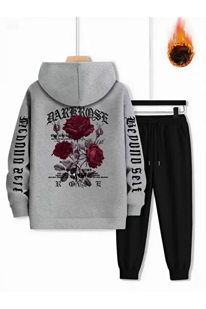 PENTHİLUS Unisex Gül Printed 3 Thread Ş Fleece-Lined K Hooded Tracksuit Set