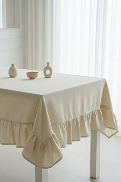 MZN Home Fırfırlı Bej Keten Masa Örtüsü – Kare & Dikdörtgen, %100 Doğal Pamuk