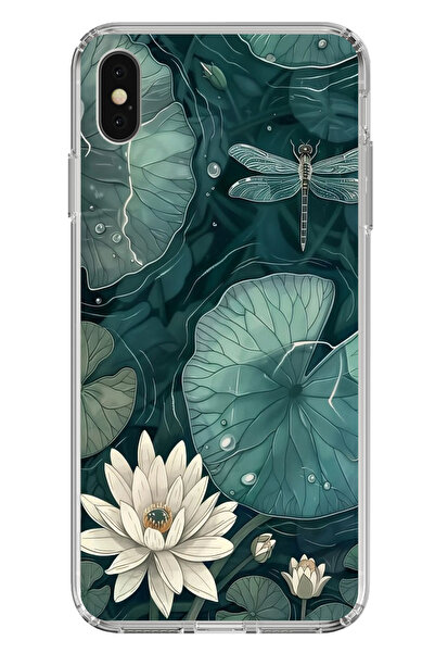 TechTree حافظة سيليكون متوافقة مع هاتف iPhone X-XS على شكل زهرة اللوتس والنيرس الأخضر مطبوع