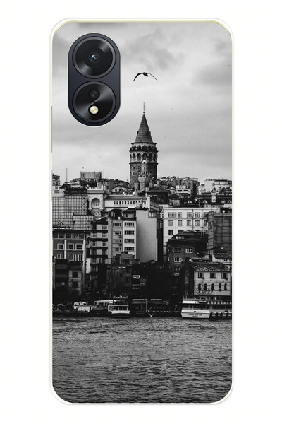 TechTree جراب سيليكون متوافق مع هاتف اوبو A38 مع مناظر برج غالاتا والبحر مطبوع