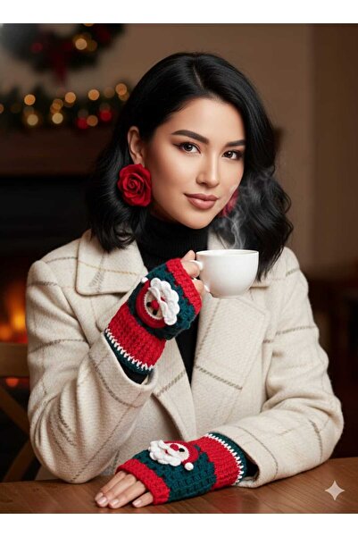 NEXT LİFE STORE Hand Knitted Santa Claus Detailed Fingerless Gloves