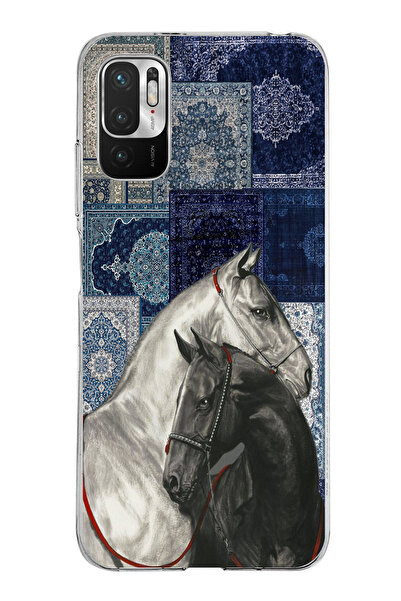 TechTree حافظة سيليكون متوافقة مع هاتف Redmi Note 10 5G باللون الأزرق بنمط الحصان الأبيض والأسود مطبوع