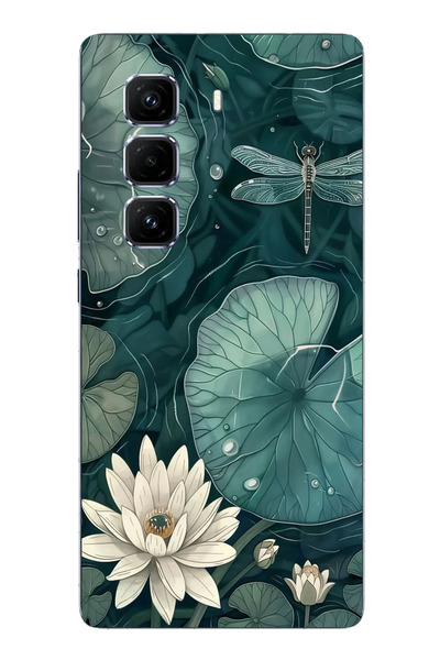 TechTree Infinix Hot 50 Pro Plus+ Compatible Green Leafy Water Lily and Dragonfly Printed Silicone Case
