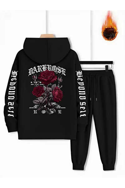 PENTHİLUS Unisex Gül Printed 3 Thread Ş Fleece-Lined K Hooded Tracksuit Set