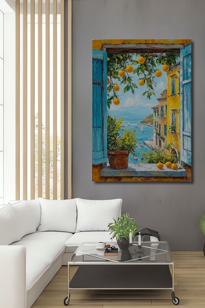 Teona Ahşap Açılan Pencereden Turuncu Manzara Yağlı Boya Görünümlü Dekoratif ...