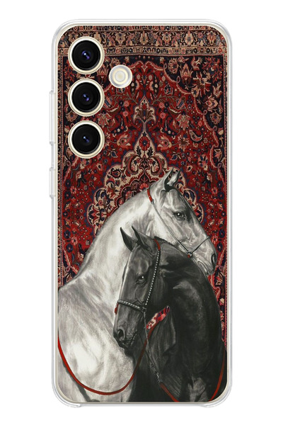 TechTree Samsung Galaxy S24 Compatible Traditional Carpet Motif Black and White Horse Printed Silicone Case
