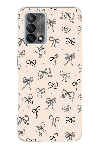 TechTree Oppo A74 Compatible Black Bow Patterned Cream Color Printed Silicone Case