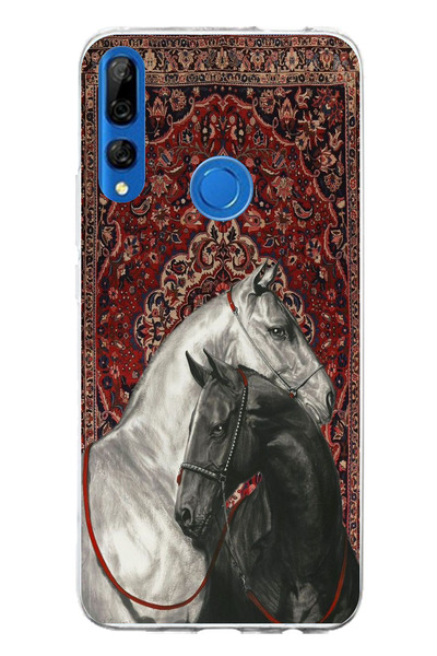 TechTree Huawei Y9 Prime (2019) Compatible Traditional Carpet Motif Black and White Horse Printed Silicone Case
