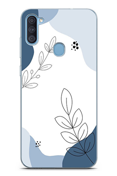 TechTree حافظة سيليكون متوافقة مع هاتف سامسونج جالاكسي A11-M11 باللون الأزرق وخطوط نباتية مطبوع