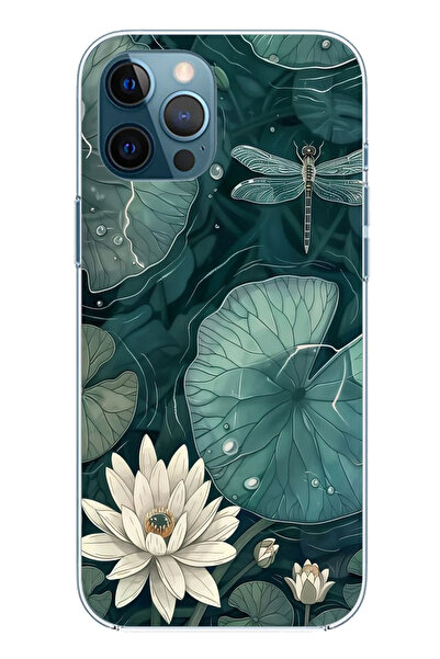 TechTree حافظة سيليكون متوافقة مع هاتف iPhone 12 PRO MAX على شكل زهرة اللوتس واليراعات مطبوع