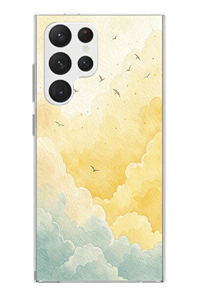 TechTree Samsung Galaxy S22 Ultra Compatible Yellow and Green Tone Cloud and Birds Printed Silicone Case