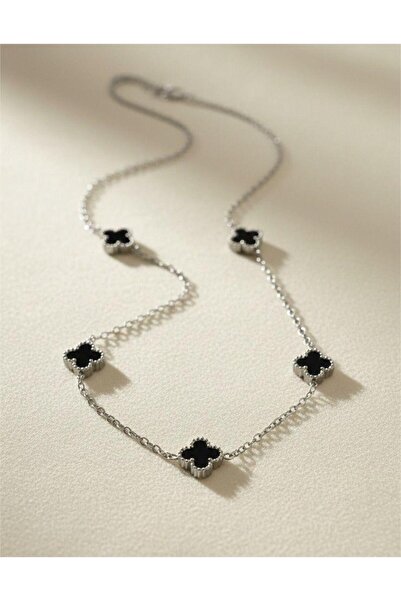 staınless steel Kadın Paslanmaz Çelik 4 Yapraklı Yonca Kolye Şık Tasarım - Siyah
