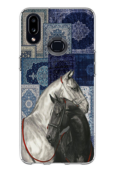 TechTree Samsung Galaxy A10S Uyumlu Mavi Kilim Desenli Siyah ve Beyaz At Bask...