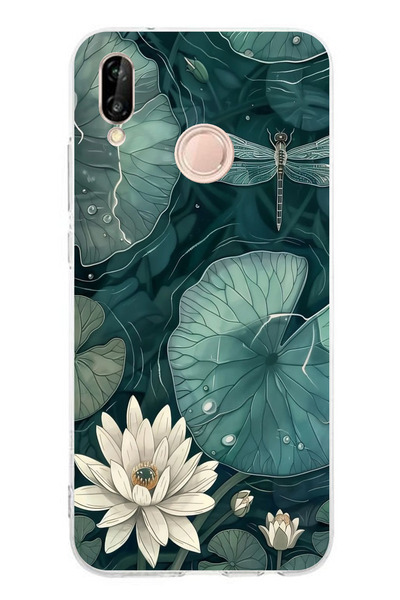 TechTree Huawei P20 Lite Compatible Green Leafy Water Lily and Dragonfly Printed Silicone Case