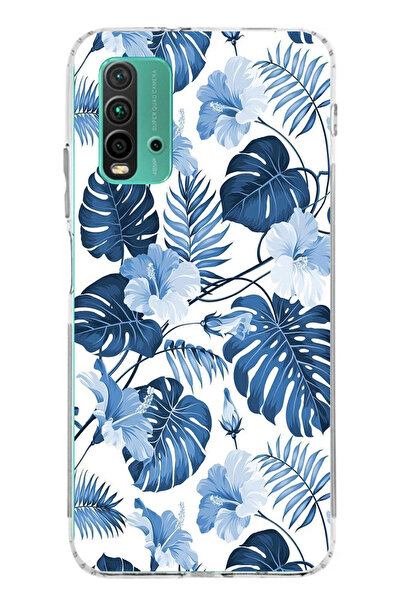 TechTree حافظة سيليكون مطبوع متوافقة مع Redmi 9T-POCO M3 بنمط أوراق الشجر الزرقاء والزهور