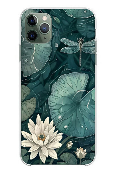 TechTree حافظة سيليكون متوافقة مع هاتف iPhone 11 Pro Max على شكل زهرة اللوتس واليراعات مطبوع