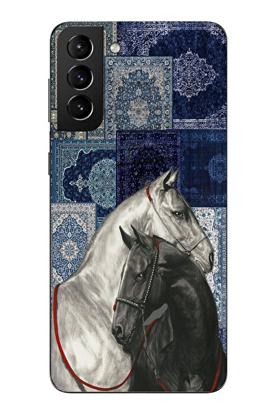 TechTree حافظة سيليكون متوافقة مع هاتف سامسونج جالاكسي S21 بلس بنمط كليم أزرق وحصان أبيض وأسود مطبوع